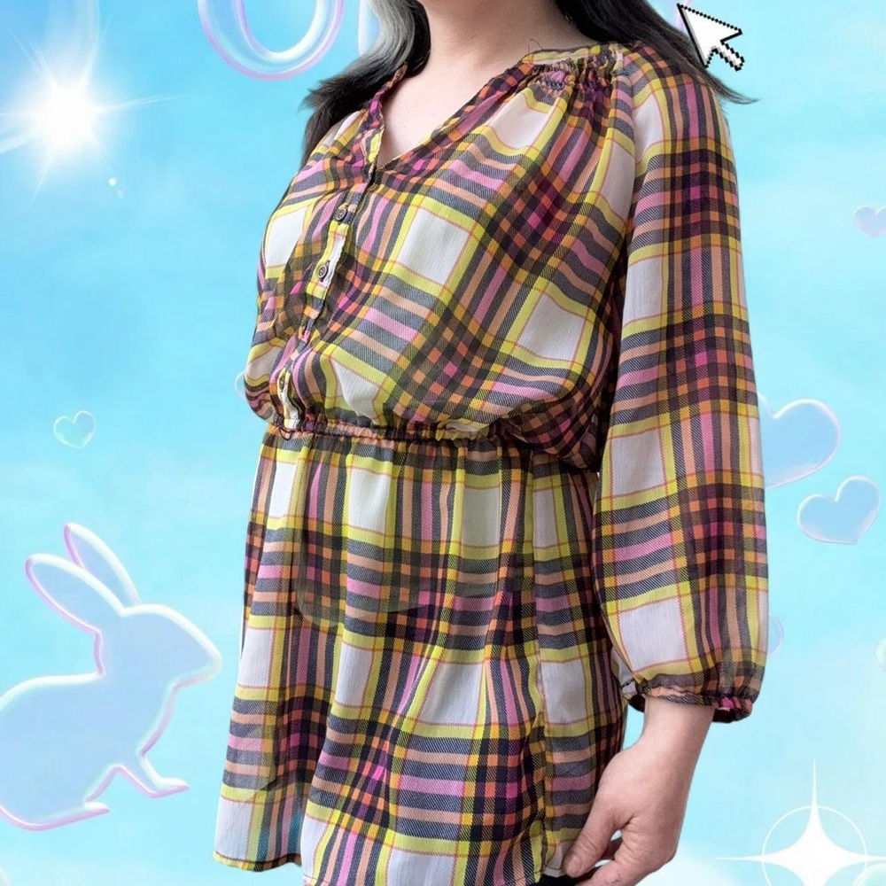 vtg 2012 mossimo supply co sheer plaid half button-up babydoll/peplum top, sz lg